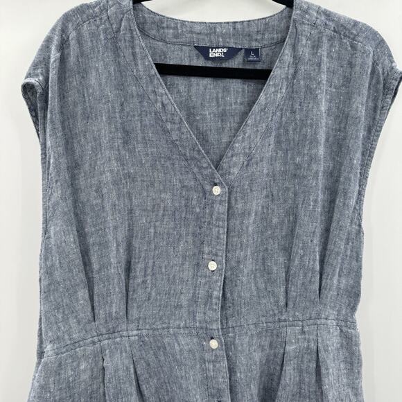 Lands' End 100% Linen Midi Shirt Dress Sz L (14-16) Chambray Blue Pockets Beachy - Picture 6 of 12